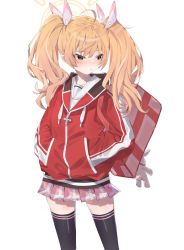 Rule 34 | 1girl, absurdres, ahoge, black thighhighs, blonde hair, blue archive, blush, brown eyes, closed mouth, cottone (highjethoo), feet out of frame, hair ribbon, halo, hands in pockets, highres, hood, hooded jacket, jacket, long hair, long sleeves, looking away, miniskirt, pink bag, pink ribbon, pink skirt, pleated skirt, red jacket, ribbon, sailor collar, simple background, skirt, solo, thighhighs, track jacket, twintails, white background, white sailor collar, yoshimi (blue archive)