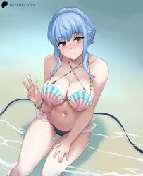 Rule 34 | 1girl, artist name, bare shoulders, beach, blue hair, breasts, brown eyes, cleavage, closed mouth, collarbone, female focus, fire emblem, fire emblem: three houses, hayato stuff, highres, large breasts, light blue hair, light blush, looking at viewer, marianne von edmund, navel, nintendo, ocean, outdoors, shell, shell bikini, short hair, sidelocks, sitting, smile, solo, stomach, thighs, v, water
