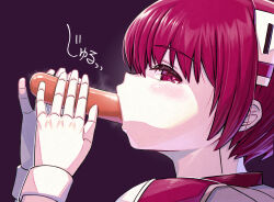 Rule 34 | 1girl, absurdres, android, black background, blush, commentary request, dorothy haze, fellatio, food in mouth, from side, hairband, highres, hot dog, joints, looking at viewer, looking to the side, mikiji, oral, pale skin, portrait, profile, red eyes, red hair, robot joints, sexually suggestive, shirt, short hair, short sleeves, simple background, simulated fellatio, solo, sound effects, steam, striped clothes, striped hairband, va-11 hall-a, white hairband, white shirt, white wrist cuffs, wrist cuffs