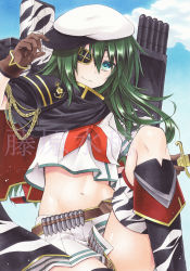 Rule 34 | 1girl, black cape, black footwear, boots, brown gloves, cape, crop top, eyepatch, floating hair, fujiwara minaho, gloves, green eyes, green hair, groin, hair between eyes, hat, holding, holding sword, holding weapon, kantai collection, kiso (kancolle), kiso kai ni (kancolle), knee boots, leg up, long hair, looking at viewer, marker (medium), midriff, miniskirt, navel, neckerchief, peaked cap, pleated skirt, red neckerchief, school uniform, sheath, sheathed, shiny skin, shirt, skirt, smile, solo, stomach, sword, traditional media, watermark, weapon, white hat, white shirt, white skirt