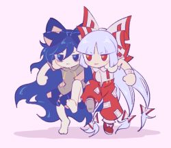 Rule 34 | 2girls, arm around shoulder, bags under eyes, bare shoulders, blue bow, blue eyes, blue hair, blue skirt, blunt bangs, bow, chibi, commentary request, footwear bow, fujiwara no mokou, grey hair, grey hoodie, guuchama, hair bow, hood, hoodie, long hair, multiple girls, pants, pink background, red bow, red eyes, red footwear, red pants, shirt, shoes, short sleeves, simple background, skirt, suspenders, torn clothes, torn sleeves, touhou, trait connection, very long hair, walking, white bow, white shirt, wrist cuffs, yorigami shion