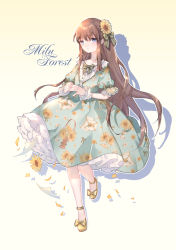 Rule 34 | 1girl, absurdres, ankle strap, aqua dress, blue eyes, bow, bowtie, brown hair, dress, floral print, flower, frilled sleeves, frills, full body, green ribbon, hair flower, hair ornament, hair ribbon, highres, lolita fashion, long hair, looking at viewer, original, outline, own hands together, paper, petals, petticoat, print dress, ribbon, shadow, short sleeves, solo, standing, standing on one leg, striped legwear, striped ribbon, sunflower, white outline, wrist cuffs, yellow background, yellow footwear, yuzhi