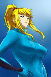 Rule 34 | 1girl, blonde hair, blue background, blue eyes, blue theme, bodysuit, breasts, covered erect nipples, hand on own hip, hip focus, large breasts, latex, metroid, michael f91, nintendo, ponytail, samus aran, simple background, solo, zero suit