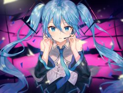Rule 34 | 1girl, bare shoulders, black skirt, blue eyes, blue hair, blue nails, breasts, collarbone, collared shirt, commentary request, detached sleeves, hair between eyes, hair ornament, hands up, hatsune miku, headphones, highres, lapel pin, leaning forward, long hair, long sleeves, looking at viewer, nail polish, parted lips, shirt, skirt, small breasts, solo, tokkyu, twintails, very long hair, vocaloid, white shirt