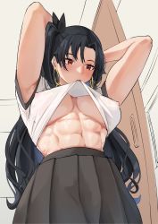Rule 34 | 1girl, abs, absurdres, alternate costume, armpits, arms up, black hair, black skirt, blush, breasts, commentary, covered erect nipples, cromwellb, earrings, english commentary, fate/grand order, fate (series), from below, highres, hoop earrings, ishtar (fate), jewelry, large breasts, long hair, no bra, red eyes, shirt, skirt, two side up, underboob, upshirt, white shirt