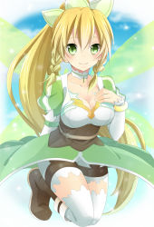 Rule 34 | 10s, 1girl, bad id, bad pixiv id, blonde hair, blush, braid, breasts, choker, cleavage, collarbone, elf, fairy wings, green eyes, highres, i m a, leafa, long hair, looking at viewer, pointy ears, ponytail, side braid, smile, solo, sword art online, thighhighs, twin braids, white thighhighs, wings