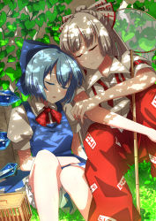 Rule 34 | 2girls, absurdres, blue bow, blue hair, bow, bowtie, cirno, closed eyes, dappled sunlight, fujiwara no mokou, grey hair, hair bow, highres, ice, ice wings, long hair, multiple girls, ofuda, ofuda on clothes, open mouth, pants, plant, red bow, red bowtie, red pants, sazanami mio (style), shimotsuki aoi, short hair, short sleeves, sitting, sleeping, sunlight, touhou, wings