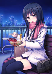 Rule 34 | 1girl, :d, bad id, bad pixiv id, bag, bench, black hair, black thighhighs, blush, chopsticks, city, cup ramen, food, highres, long hair, looking at viewer, nakamura sumikage, noodles, open mouth, original, pink scarf, ramen, scarf, shorts, sitting, skyline, smile, solo, thighhighs