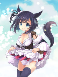 Rule 34 | 1girl, absurdres, black hair, blue eyes, bodice, breasts, chibitan, choker, cleavage, dirndl, ear ornament, eishin flash (umamusume), german clothes, highres, horse girl, horse tail, looking at viewer, medium breasts, red choker, scoop neck, short hair, smile, solo, tail, thighhighs, umamusume