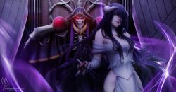 Rule 34 | 1boy, 1girl, ainz ooal gown, albedo (overlord), alqmia, black hair, black wings, blood, breasts, cleavage, demon girl, demon horns, demon wings, detached collar, dress, elbow gloves, feathered wings, feathers, gloves, glowing, glowing eyes, hair between eyes, hip vent, holding, horns, large breasts, looking at viewer, low wings, overlord (maruyama), red eyes, skeleton, skull, sleeveless, sleeveless dress, slit pupils, smile, standing, upper body, watermark, white dress, white gloves, wings, yellow eyes