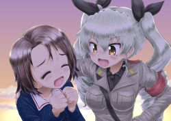 Rule 34 | 2girls, absurdres, anchovy (girls und panzer), arm around shoulder, bad id, bad twitter id, belt, black neckwear, black ribbon, black shirt, blue jacket, breasts, brown eyes, brown hair, clenched hands, closed eyes, cloud, cloudy sky, commentary request, daxz240r, dress shirt, drill hair, girls und panzer, gradient sky, green hair, grey jacket, hair ribbon, highres, jacket, long hair, long sleeves, looking at another, medium breasts, military, military uniform, multiple girls, necktie, ooarai military uniform, open mouth, orange sky, outdoors, parted bangs, ribbon, sam browne belt, sawa azusa, shirt, short hair, sky, smile, sunset, twin drills, twintails, uniform, wing collar