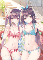 Rule 34 | 2girls, :3, :q, animal ear fluff, animal ears, arm up, armpits, bare shoulders, bird, black hair, blue bra, blue panties, bow, bow bra, bow panties, bra, breasts, brown eyes, candy, cat ears, chocolate, cleavage, collarbone, cowboy shot, detexted, food, front-tie bra, front-tie top, gluteal fold, groin, hair ornament, hair ribbon, hairclip, highres, holding, lace, lace-trimmed bra, lace-trimmed panties, lace trim, lingerie, lollipop, long hair, looking at viewer, medium breasts, miwabe sakura, mole, mole under eye, multiple girls, nail polish, navel, non-web source, original, panties, penguin, red bra, red panties, ribbon, side-tie panties, sidelocks, standing, stomach, thighhighs, thighs, third-party edit, tongue, tongue out, underwear, underwear only, very long hair, white legwear