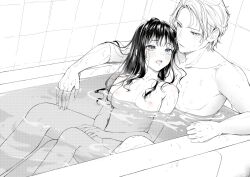 Rule 34 | 1boy, 1girl, bathing, bathtub, blue eyes, breasts, carrot (robosquat), completely nude, couple, hetero, highres, long hair, looking at another, mixed-sex bathing, monochrome, nude, open mouth, original, shared bathing, sitting, small breasts, smile, spot color, tile wall, tiles, wet