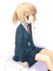 Rule 34 | blazer, blonde hair, jacket, jirou (chekoro), red eyes, school uniform, side ponytail, sitting, solo