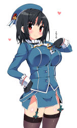 Rule 34 | 10s, 1boy, 1girl, beret, between breasts, black gloves, black hair, breasts, cowboy shot, gloves, hand on own chest, hand on own hip, hat, heart, highres, kantai collection, large breasts, long sleeves, looking at viewer, military, military uniform, mini person, miniboy, naval uniform, person between breasts, red eyes, sasago kaze, short hair, simple background, smile, t-head admiral, takao (kancolle), thighhighs, uniform, white background