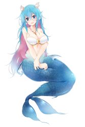 Rule 34 | 1girl, :d, absurdres, animal ears, bad id, bad pixiv id, bikini, bikini top only, blue eyes, blue hair, blush, breasts, breasts squeezed together, cleavage, commentary request, fins, full body, gem, hair between eyes, head fins, highres, jewelry, large breasts, long hair, looking at viewer, mermaid, monster girl, multicolored hair, necklace, o-ring, o-ring top, open mouth, original, pink hair, seashell, shell, simple background, smile, solo, suruga (xsurugax), swimsuit, very long hair, white background, white bikini