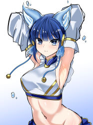 Rule 34 | 1girl, absurdres, animal ears, armpits, arms up, bell, blue eyes, blue hair, breasts, cat ears, cowboy shot, detached sleeves, duel monster, highres, medium breasts, medium hair, midriff, navel, ni-ni the mirror mikanko, shirt, sideboob, simple background, solo, strapless, strapless shirt, synchroman, yu-gi-oh!