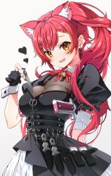 Rule 34 | 1girl, absurdres, animal ears, arm behind back, bell, black dress, braid, breasts, cat ears, cleavage, detached collar, dress, gloves, gun, hair ornament, hand up, heart, highres, holstered, jingle bell, knife, knife sheath, long hair, looking at viewer, medium breasts, multiple knives, nekota tsuna, open mouth, orange eyes, partially fingerless gloves, ponytail, puffy short sleeves, puffy sleeves, red hair, ruo19, sheath, short sleeves, single braid, solo, virtual youtuber, vspo!, weapon, x hair ornament