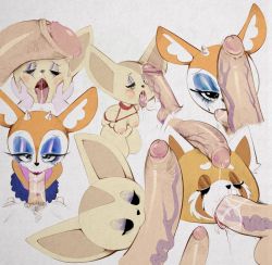 Rule 34 | 1boy, 3girls, :3, aggressive retsuko, animal ears, animal nose, arms behind back, blush stickers, bound, bound arms, bound torso, breasts, brown fur, eyelashes, eyeliner, fellatio, fenneko, fox ears, fox girl, from above, furry, furry female, half-closed eyes, horn, light blush, looking at viewer, looking up, makeup, medium breasts, multiple girls, nipples, office lady, open mouth, oral, orange fur, penis, pov, pov crotch, precum, precum string, red panda, red panda ears, red panda girl, retsuko, runny makeup, saliva, shibari, snot, solid circle eyes, sparkling eyes, tongue, tongue out, tsunoda (aggretsuko), two-tone fur, veins, veiny penis, white fur, xu53r, yellow fur