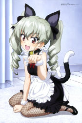 Rule 34 | 1girl, :d, absurdres, anchovy (girls und panzer), animal ears, apron, arm between legs, black dress, black footwear, brown eyes, cat ears, cat tail, curtains, dress, drill hair, fake animal ears, fangs, fishnets, girls und panzer, green hair, hair between eyes, hair ribbon, high heels, highres, itou takeshi, long hair, looking at viewer, maid, maid apron, megami magazine, on floor, open mouth, pantyhose, paw pose, ribbon, rug, sleeveless, sleeveless dress, smile, solo, tail, twin drills, twintails, wooden floor