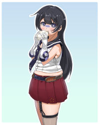 Rule 34 | 10s, 1girl, agano (kancolle), black hair, eating, gloves, gradient background, image sample, kantai collection, long hair, necktie, omochi (433purupuru), skirt, solo, translation request
