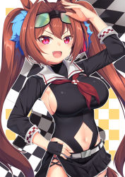 Rule 34 | 1girl, :d, animal ears, arm up, black gloves, black skirt, blush, breasts, checkered background, clothing cutout, commentary request, cosplay, cowboy shot, daiwa scarlet (umamusume), fang, fingerless gloves, gloves, goggles, goggles on head, hair intakes, hand on own hip, highres, horse ears, kantai collection, large breasts, long hair, long sleeves, looking at viewer, microskirt, murasame (kancolle), murasame (kancolle) (cosplay), navel, navel cutout, neckerchief, open mouth, pleated skirt, red neckerchief, sideboob, skirt, smile, solo, standing, umamusume, very long hair, yasume yukito