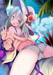 Rule 34 | 1girl, ass, bare legs, bikini, blue sky, cameltoe, cloud, cloudy sky, day, flower, givuchoko, green bikini, green eyes, green hair, hair between eyes, hat, hat flower, heart, heart-shaped pupils, highres, hood, hoodie, komeiji koishi, looking at viewer, looking back, lying, on stomach, open mouth, outdoors, palm tree, panties, pink eyes, pink hair, short hair, sky, smile, solo, striped bikini, striped clothes, summer, sun hat, sweat, swimsuit, symbol-shaped pupils, third eye, touhou, tree, trefoil, underwear, white hat