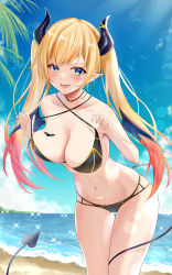 Rule 34 | 1girl, absurdres, alternate hairstyle, aqua eyes, beach, bikini, black bikini, black choker, blonde hair, blue sky, breasts, choker, claw pose, cleavage, colored tips, day, demon girl, demon horns, demon tail, demon wings, gradient hair, highres, hololive, horns, large breasts, leaning forward, long hair, multicolored hair, outdoors, pink hair, pulling own clothes, shihaku rare, sky, solo, strap pull, swimsuit, tail, thigh gap, twintails, v-shaped eyebrows, virtual youtuber, wings, yuzuki choco