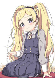 Rule 34 | 1girl, arm support, blonde hair, blush, breasts, child, emily stewart, female focus, grey shirt, grey skirt, hairband, idolmaster, idolmaster million live!, kuresuku (lessons), long hair, long skirt, long sleeves, looking down, necktie, overall skirt, pleated skirt, purple eyes, seiza, shirt, sitting, skirt, small breasts, solo, sweat, twintails, very long hair, wavy mouth, wing collar
