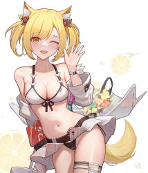 Rule 34 | 1girl, ;d, absurdres, animal ear fluff, animal ears, arknights, bare shoulders, bikini, bikini skirt, blonde hair, blush, breasts, cleavage, cowboy shot, groin, hand up, highres, jacket, jean.organ, long sleeves, looking at viewer, miniskirt, official alternate costume, one eye closed, open clothes, open jacket, open mouth, revision, short hair, simple background, skirt, smile, solo, sora (arknights), sora (summer flowers) (arknights), standing, swimsuit, tail, thigh strap, thighs, twintails, white background, white bikini, white jacket, white skirt, wolf ears, wolf tail, yellow eyes