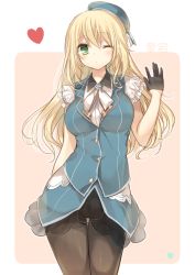 Rule 34 | 10s, 1girl, adapted costume, alternate costume, atago (kancolle), blonde hair, breasts, character name, green eyes, hat, heart, kantai collection, komeshiro kasu, large breasts, long hair, looking at viewer, military, military uniform, one eye closed, pantyhose, sleeveless, solo, uniform, winks