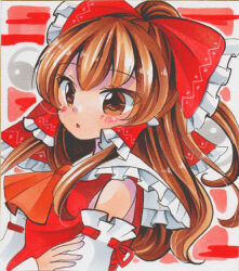 Rule 34 | 1girl, ascot, bare shoulders, bow, breasts, brown eyes, brown hair, detached sleeves, frilled bow, frilled hair tubes, frilled shirt collar, frills, from side, hair bow, hair tubes, hakurei reimu, long hair, looking at viewer, maccha xxxxxx, marker (medium), medium breasts, open mouth, orange ascot, ponytail, red bow, red ribbon, red shirt, ribbon, ribbon-trimmed sleeves, ribbon trim, shirt, simple background, sleeveless, sleeveless shirt, solo, touhou, traditional media, yin yang