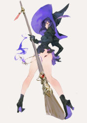 Rule 34 | 1girl, ankle boots, ass, black dress, black footwear, black gloves, black hat, boots, breasts, broom, closed mouth, dress, feathers, from behind, full body, gem, gloves, gundam, hat, hat feather, high heel boots, high heels, highres, holding, holding broom, huangdanlan, jewelry, long sleeves, looking at viewer, looking back, medium hair, original, puffy long sleeves, puffy sleeves, purple hat, red eyes, ring, shoe soles, short dress, simple background, solo, thigh strap, two-tone headwear, white background, witch, witch hat