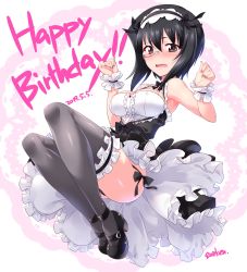 Rule 34 | 1girl, absurdres, armpits, artist name, black-framed eyewear, black choker, black dress, black eyes, black footwear, black hair, black panties, blush, bow choker, breasts, choker, commentary request, dated, dress, english text, fang, floating, frilled thighhighs, frills, frown, full body, girls und panzer, grey thighhighs, hairband, happy birthday, highres, kawashima momo, kuzuryuu kennosuke, legs, legs up, lolita hairband, mary janes, medium breasts, monocle, open mouth, panties, partial commentary, petticoat, semi-rimless eyewear, shoes, short dress, short hair, side-tie panties, signature, sleeveless, sleeveless dress, solo, thighhighs, under-rim eyewear, underwear, w arms, wrist cuffs