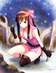 Rule 34 | 1girl, bag, belt, boots, breasts, brown eyes, brown hair, cleavage, daisy (fire emblem), fire emblem, fire emblem: genealogy of the holy war, gloves, hairband, lingerie, long hair, nintendo, panties, pantyshot, rock, sitting, solo, sparkle, sword, thighs, umehime, underwear, weapon