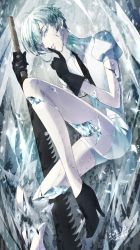 Rule 34 | 1other, androgynous, antarcticite, blue eyes, boots, colored eyelashes, crack, eyes visible through hair, finger to mouth, gem, gem uniform (houseki no kuni), gloves, high heel boots, high heels, highres, houseki no kuni, japanese saw, looking at viewer, missing limb, necktie, saw, shards, short hair, smile, solo, sword, watakei (16161717), weapon, white hair