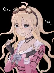 Rule 34 | 1girl, antenna hair, barbed wire, black background, black gloves, blonde hair, blue bow, blue bowtie, bow, bowtie, breasts, cleavage, collarbone, danganronpa (series), danganronpa v3: killing harmony, fingerless gloves, gloves, goggles, goggles on head, green eyes, hands up, highres, hwang (h751073), iruma miu, large breasts, o-ring, pink shirt, sailor collar, shirt, solo, sweat, teeth, translation request, upper body, white sailor collar