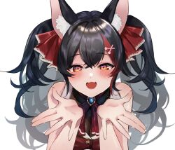 Rule 34 | 1girl, :3, :d, animal ear fluff, animal ears, ascot, black hair, blush, breasts, brooch, cleavage, cosplay, cropped jacket, hair ornament, hair ribbon, hairclip, heart, heart-shaped pupils, hololive, houshou marine, houshou marine (1st costume), houshou marine (cosplay), jacket, jewelry, large breasts, long hair, looking at viewer, multicolored hair, ookami mio, open mouth, red ascot, red hair, red jacket, red ribbon, ribbon, sleeveless, sleeveless jacket, smile, solo, streaked hair, symbol-shaped pupils, tako 8 yaki, twintails, virtual youtuber, wolf ears, wolf girl, yellow eyes