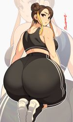 Rule 34 | 1girl, artist name, ass, bare shoulders, brown eyes, brown hair, capcom, chun-li, double bun, hair bun, highres, huge ass, looking back, pants, probablynoon, shoes, sneakers, solo, sports bra, street fighter, thick thighs, thighs, white background, wide hips, yoga pants, zoom layer