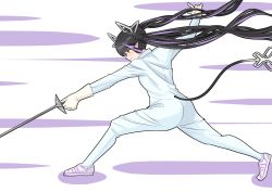 Rule 34 | 1girl, nanashi inc., alternate costume, black hair, blunt bangs, bodysuit, closed mouth, commentary request, demon girl, demon horns, demon tail, fencing, fencing suit, foil (fencing), full body, gloves, highres, holding, holding sword, holding weapon, horns, kojo anna, long hair, multicolored hair, pointy ears, purple hair, robou no stone, shoes, sneakers, solo, sugar lyric, sword, tail, twintails, two-tone hair, very long hair, virtual youtuber, weapon, white bodysuit, white footwear, white gloves, yellow eyes