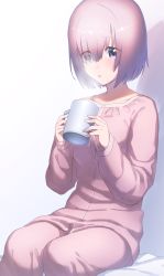 Rule 34 | 1girl, :o, alternate costume, bed sheet, blush, coffee cup, collarbone, commentary, cup, disposable cup, eyes visible through hair, fate/grand order, fate (series), hair over one eye, highres, holding, holding cup, long sleeves, mash kyrielight, open mouth, pajamas, pink hair, purple eyes, shadow, short hair, simple background, sitting, solo, steam, tanaka arumi, tareme, white background