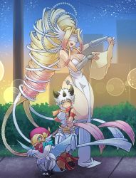Rule 34 | 1boy, 2girls, absurdly long hair, aegiomon, angry, blindfold, blonde hair, breasts, cleavage, digimon, highres, horns, jewelry, large breasts, long hair, map, multiple girls, necklace, night, o-ring, sirenmon, venusmon, very long hair