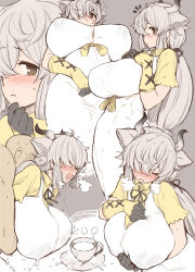 Rule 34 | 1boy, 1girl, absurdres, animal ears, black gloves, blush, breasts, brown eyes, cow ears, cup, closed eyes, gloves, grey background, grey hair, hair over one eye, heavy breathing, highres, horns, huge breasts, implied sex, kemono friends, kemono friends 3, lactation, lactation through clothes, long hair, milk, nose blush, simple background, solo focus, two-tone gloves, whoosaku, yak (kemono friends), yellow gloves
