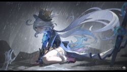 Rule 34 | 1girl, ahoge, ascot, black border, black footwear, black gloves, blue ascot, blue brooch, blue eyes, blue hair, blue hat, blue jacket, border, clear water, clenched teeth, crying, crying with eyes open, english text, floating hair, full body, furina (genshin impact), genshin impact, gloves, hair between eyes, hair over one eye, hand on ground, hat, highres, jacket, knees, legs, light, light blue hair, long hair, looking ahead, multicolored hair, outdoors, rain, sad, shadow, sidelocks, socks, solo, streaked hair, tears, teeth, top hat, two-tone hair, white socks, wind