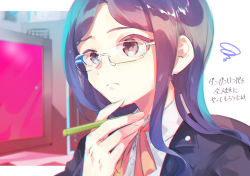 1girl black_jacket closed_mouth commentary_request danganronpa_(series) danganronpa_v3:_killing_harmony frown glasses hand_on_own_chin hand_up highres holding holding_pen jacket long_hair neck_ribbon open_clothes open_jacket orange_ribbon pen remi_(remi_0702) ribbon school_uniform shirogane_tsumugi shirt solo squiggle translation_request white_shirt