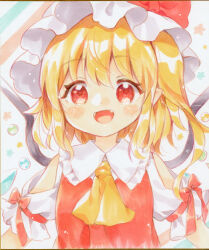 Rule 34 | 1girl, :d, adapted costume, ascot, bare shoulders, blonde hair, blush, bow, clothing cutout, crystal, fangs, flandre scarlet, hat, hat bow, looking at viewer, medium hair, mimi (mimi puru), mob cap, one side up, open mouth, red bow, red eyes, red vest, shoulder cutout, smile, solo, touhou, upper body, vest, wings, yellow ascot