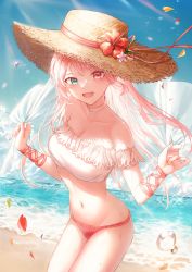 Rule 34 | 1girl, 723/nanahumi, :d, bad id, bad pixiv id, bikini, blue eyes, blue sky, breasts, brown hat, bubble, cleavage, cloud, commentary request, day, flower, groin, hands up, hat, hat flower, heterochromia, highres, holding, horizon, long hair, looking at viewer, medium breasts, mismatched bikini, navel, ocean, open mouth, original, outdoors, pink hair, red bikini, red eyes, red flower, sky, smile, solo, straw hat, swimsuit, transparent, very long hair, water, white bikini