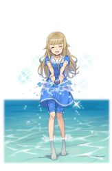 Rule 34 | 1girl, :d, barefoot, blonde hair, blue dress, dress, closed eyes, facing viewer, feet, full body, highres, long hair, official art, open mouth, princess (princess principal), princess principal, princess principal game of mission, smile, sparkle, splashing, standing, toes, transparent background, wading, water