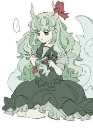 Rule 34 | 1girl, bow, brushing hair, brushing own hair, dress, ex-keine, frilled dress, frills, full body, green dress, green hair, green shirt, highres, holding, holding brush, holding hair, horn bow, horn ornament, horns, kamishirasawa keine, long hair, petticoat, puffy short sleeves, puffy sleeves, red bow, red eyes, seiza, shirt, short sleeves, simple background, sitting, solo, touco to, touhou, very long hair, white background
