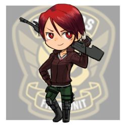 Rule 34 | boots, chibi, choutako, gun, jacket, red eyes, red hair, short hair, weapon